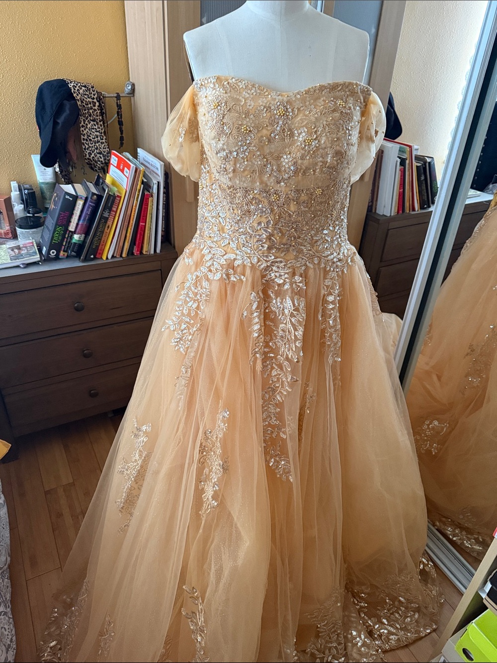 Gold/Marigold accents Embroidered Tulle Party Dress/Quinceañera/Ballgown